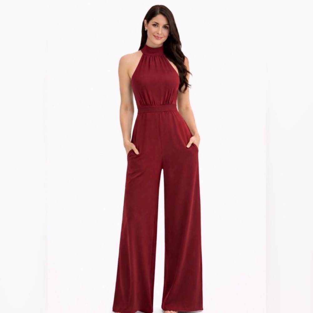Lulus Burgundy Halter Neck Wide Leg Jumpsuit w/ Pockets Size M USA(E24)&
